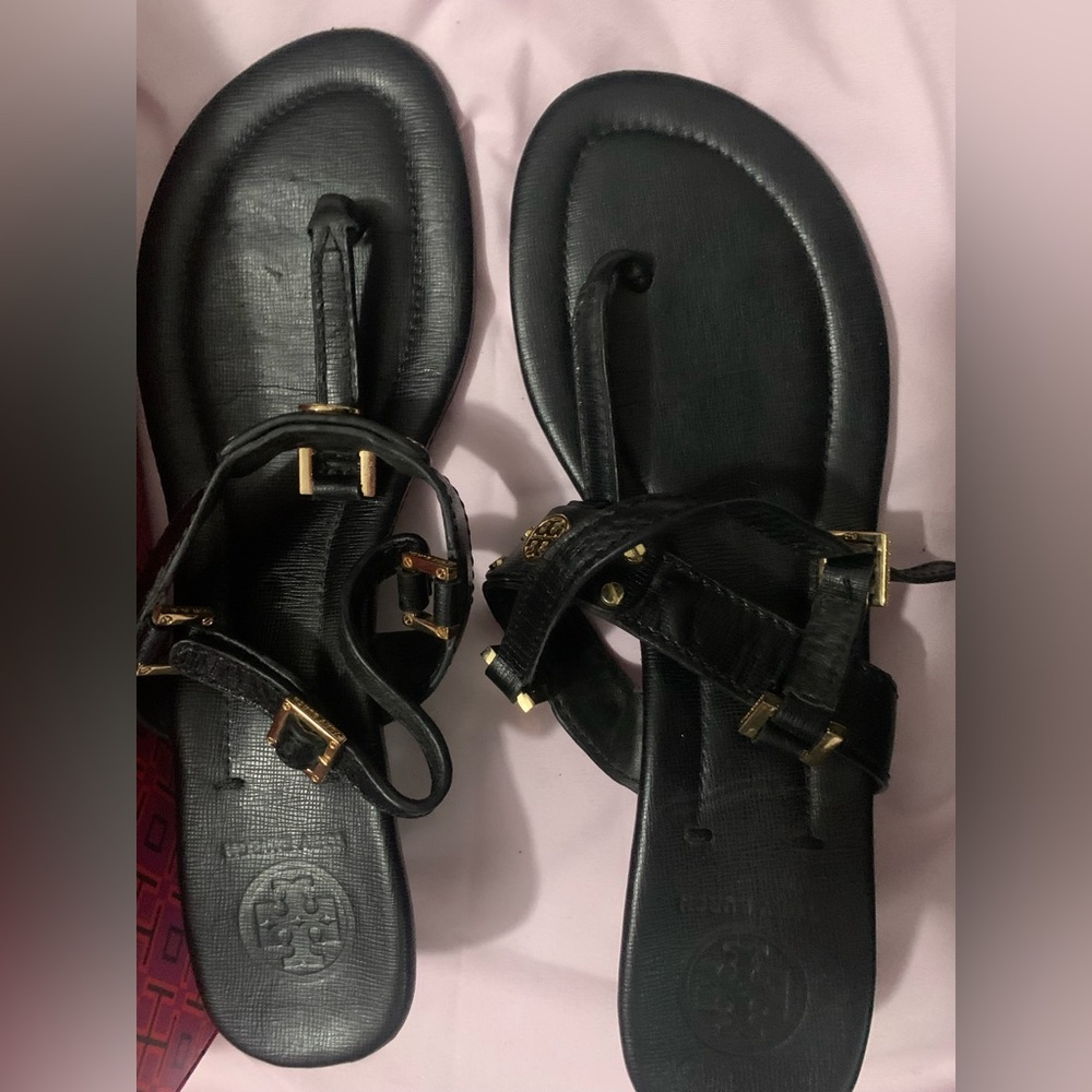 Tory Burch Black Sandals with Gold Buckles - Picture 2 of 3